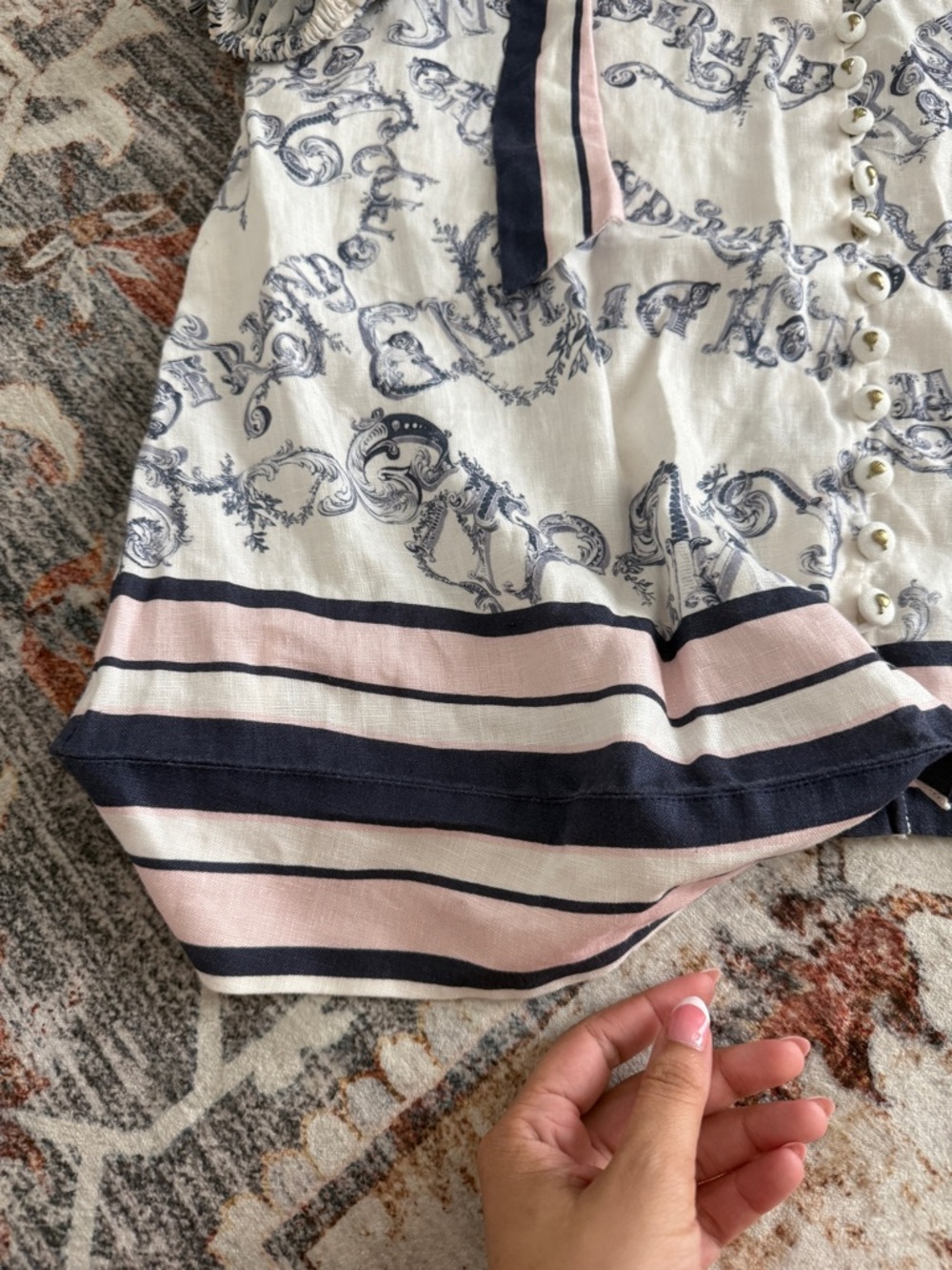 Zimmermann Cream Mini Dress with Navy Scroll Print and Striped Tie-Neck - Picture 5 of 11